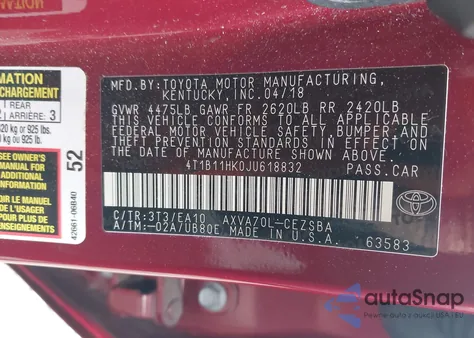 2018 Toyota Camry Se from USA, damaged, VIN 4T1B11HK0JU618832